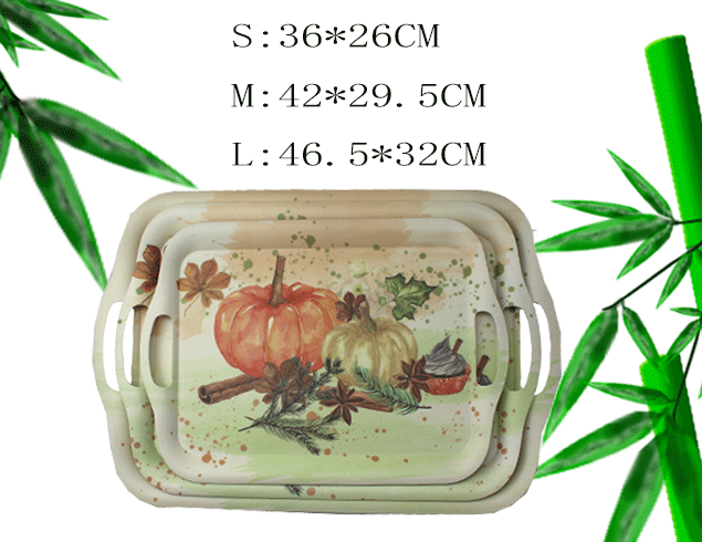 Decal double handle bio bamboo fiber food serving tray