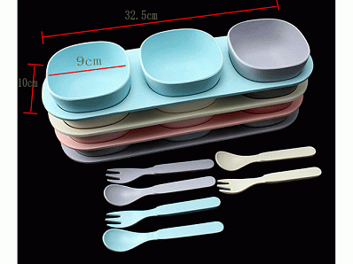 Eco friendly 3 bowl with tray bamboo fiber plastic snack plate and bowl