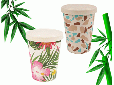 Bamboo fiber coffee cup, bamboo lid, printed pattern
