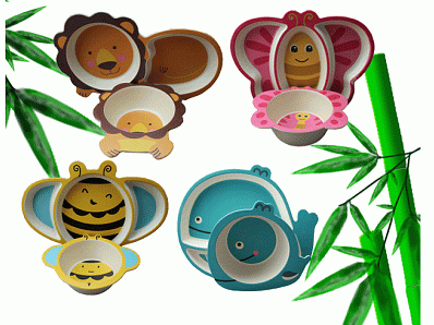 New design cartoon recyclable bamboo fiber tableware dinner set