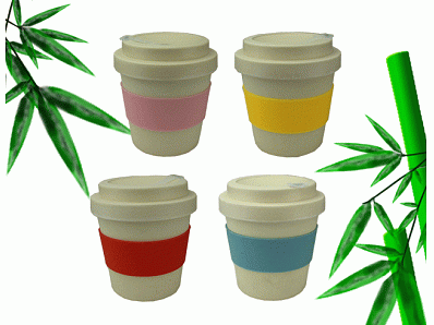 Reusable bamboo fiber eco coffee drinking cups with silicone sleeves